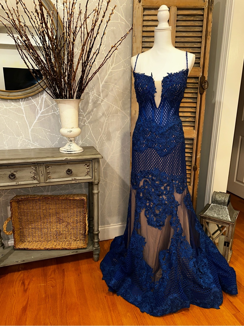 Mac Duggal ‘78999’ Blue Mermaid Illusion Floral Lace Bustle - 16